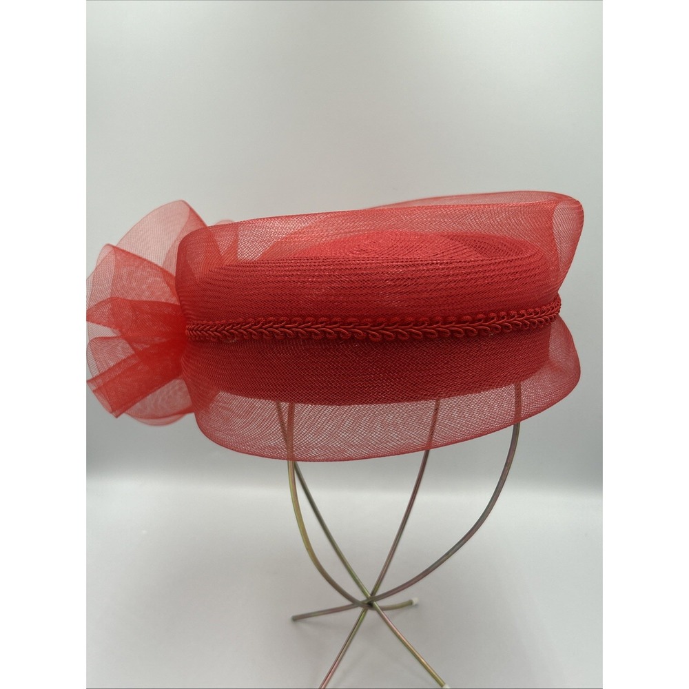 Vibrant Red Fascinator Hat Derby Tulle Bow Bead Church Formal Wedding Tea Party